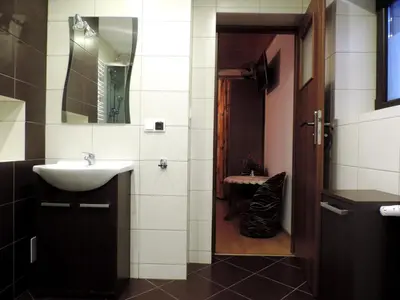 a bathroom with a sink and a mirror at Gospodarstwo Agroturystyczne Watra in Koninki