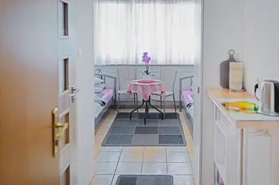 a dining room with a table and chairs and a kitchen at Apartament Franka in Oświęcim
