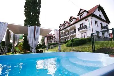 a swimming pool in front of a house at Willa Zofia in Rabka