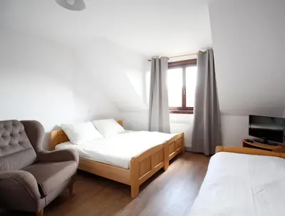 a bedroom with a bed and a couch and a tv at Willa Zofia in Rabka