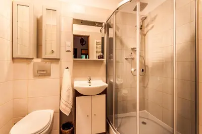 a bathroom with a shower and a sink and a toilet at Willa Stróża in Myślenice
