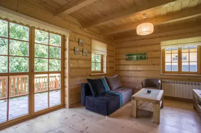 a living room with a fireplace in a log cabin at Mosorny Park Drewniane Komfortowe Domki Całoroczne in Zawoja
