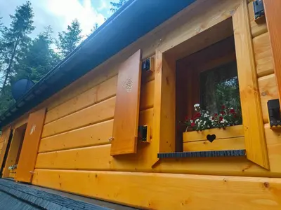 a window of a wooden house with flowers on it at Domek Krasnal in Juszczyn