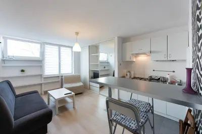 a kitchen and living room with a couch and a table at Studio Aleja Pokoju in Kraków