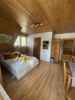 a large bedroom with a bed and wooden ceilings at Agroturystyka Leśny Zakątek in Stryszawa
