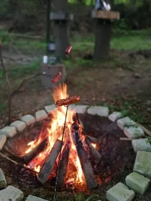 a bonfire with a piece of meat on a stick at Agroturystyka Leśny Zakątek in Stryszawa