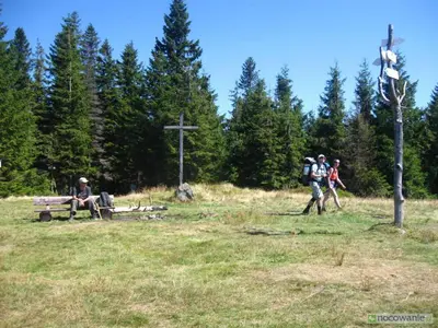 a group of people walking in a field with a cross at Agroturystyka Leśny Zakątek in Stryszawa