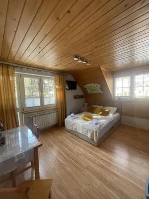 a large bedroom with a bed in a room with wooden ceilings at Agroturystyka Leśny Zakątek in Stryszawa