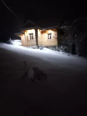 a house with lights on in the snow at night at Domek drewniany simonka zawoja in Zawoja