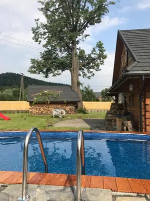 a swimming pool in front of a house at Gniazdko Pod Lipą in Andrychów