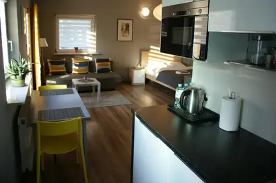 a kitchen and a living room with a couch at Friendly Apartments - Krakow in Kraków