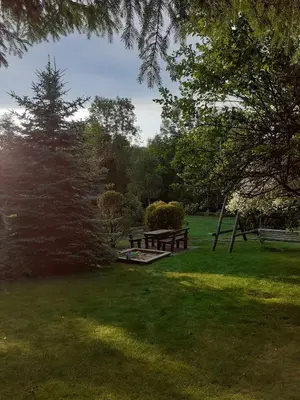 a park with a picnic table in the grass at Agroturystyka Jagodowa Róża - Maria Farganus in Mszana Dolna