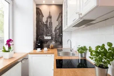a kitchen with a sink and a mural of a city at Cracowapart Loft Gertruda in Kraków