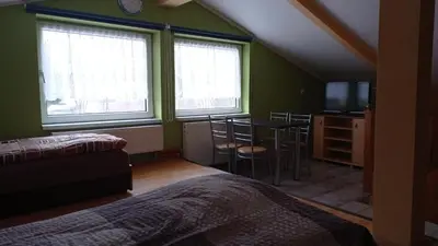 a bedroom with green walls and windows and a bed at Antares noclegi u Basi in Młoszowa