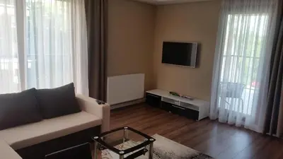 a living room with a couch and a tv at Apartament Wilga Park in Kraków