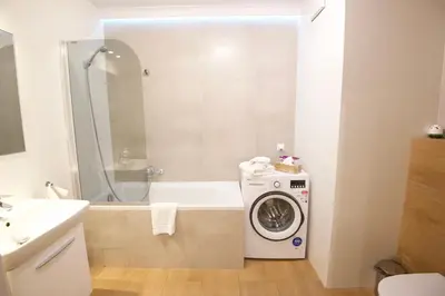 a bathroom with a washing machine next to a bath tub at Kraków Apartments - Solna Studio & Apartments in Kraków
