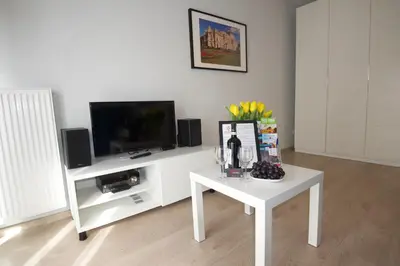 a living room with a tv and a white table at Kraków Apartments - Solna Studio & Apartments in Kraków