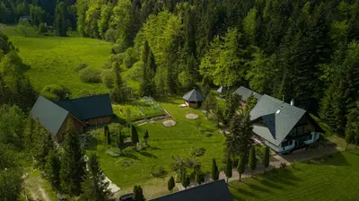 an aerial view of a house in a forest at Jałowcówka Centrum Aktywności Psychoruchowej in Koszarawa