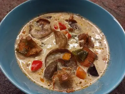 a blue bowl of soup with mushrooms and vegetables at Jałowcówka Centrum Aktywności Psychoruchowej in Koszarawa