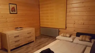a bedroom with wooden walls and a bed and a dresser at Beskidzka Chata in Hucisko