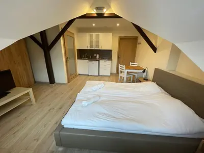 a large room with a kitchen and a dining room at Apartamenty w Rynku in Rabka