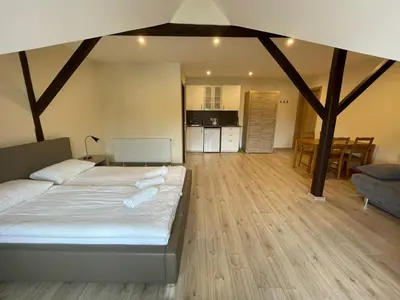 a large bedroom with a bed and a kitchen at Apartamenty w Rynku in Rabka