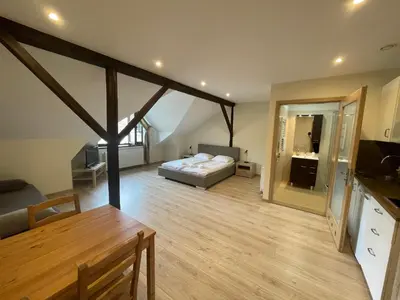 a bedroom with a large bed in a attic at Apartamenty w Rynku in Rabka