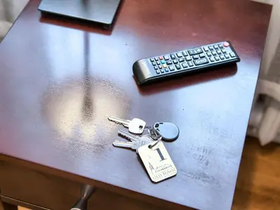 a table with keys and a remote control on it at Pokoje gościnne 