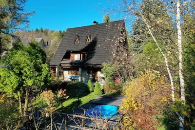 a house with a black roof and a yard at Dom w górach in Zawoja