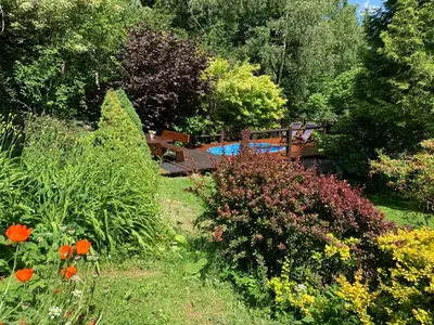 a garden with a swimming pool in the background at Dom w górach in Zawoja
