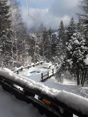 a snow covered yard with a hot tub in the snow at Dom w górach in Zawoja