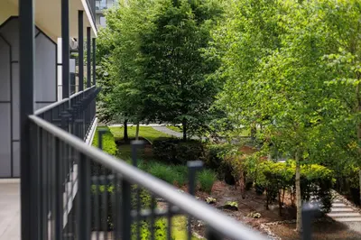 a view of a garden from a balcony at Premium Apartments by Wawel Castle in Kraków