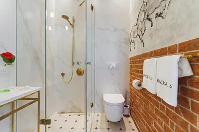 a bathroom with a glass shower and a toilet at Apartamenty Bracka 6 in Kraków