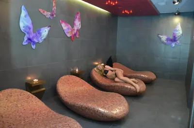 a room with a woman laying in a room with butterflies at Hotel Azalia & Spa in Niepołomice