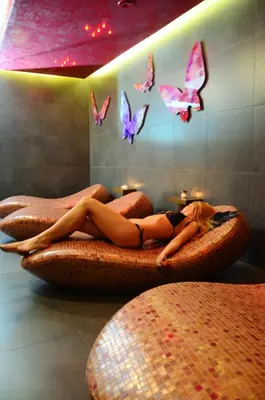 a woman in a bikini laying on a bed with butterflies at Hotel Azalia & Spa in Niepołomice