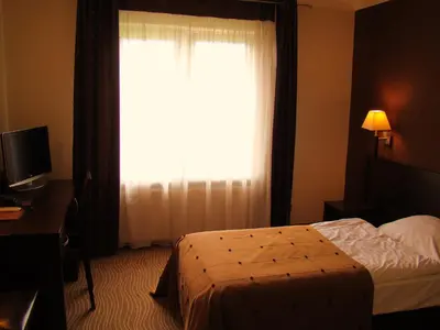 a bedroom with a bed and a window with a curtain at Hotel Azalia & Spa in Niepołomice