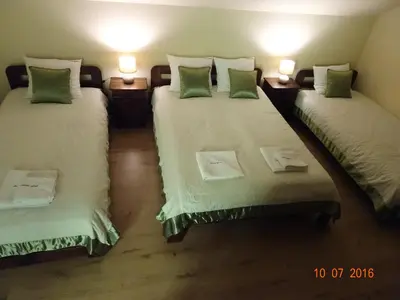 a room with two twin beds with green pillows at ZłotyOgród in Wieliczka