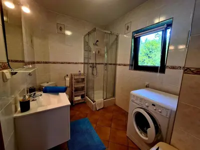 a bathroom with a sink and a washing machine at Forest House in Lubomierz