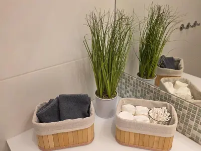 two baskets sitting on a bathroom counter with plants at Apartament Vistula in Kraków