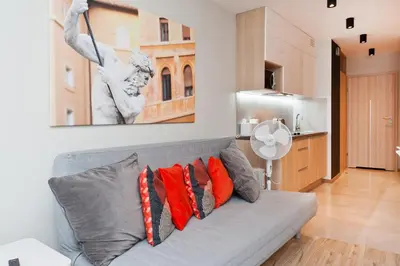 a living room with a gray couch with red pillows at Olimp Apartments in Kraków