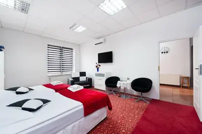 a bedroom with a large bed and a red rug at Apartament Solny Wieliczka Centrum 5 in Wieliczka