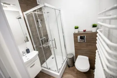 a bathroom with a shower and a toilet and a sink at Willa Kamilówka in Rabka
