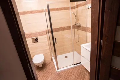 a bathroom with a shower and a toilet at Mirror Apartments in Kraków