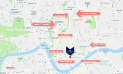 a map with red arrows on it at Studio z ogrodem przy Starej Zajezdni in Kraków