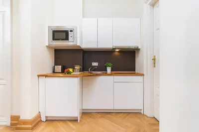 a kitchen with white cabinets and a microwave at Apartamenty w Pałacu Pod Baranami in Kraków