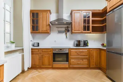 a kitchen with wooden cabinets and stainless steel appliances at Apartamenty w Pałacu Pod Baranami in Kraków