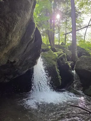 a small waterfall in a forest with rocks and trees at Góralska Czarcia Chata pod Jałowcem in Stryszawa