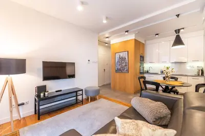 a living room with a leather couch and a table at City Lights Apartments in Kraków