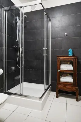 a shower stall in a bathroom with black tiles at Krakow For You Main Square Apartments in Kraków