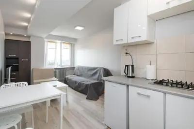 a kitchen and a living room with a couch at Studio Aleja Pokoju II in Kraków